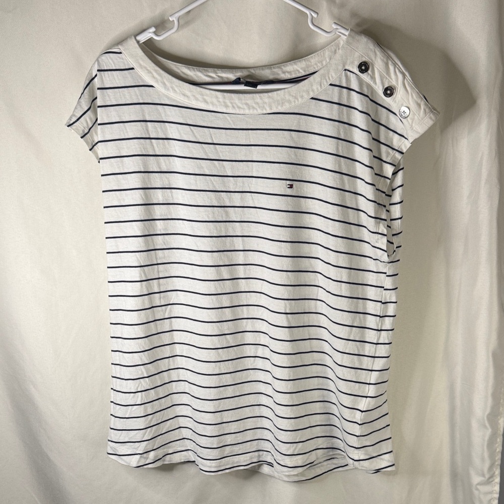 Tommy Hilfiger Navy and White Striped Women's Tee